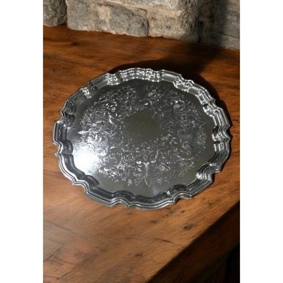 Vintage Frank Hawker England Crafton Round Silver Plate Tray w Stepped Edges 10
